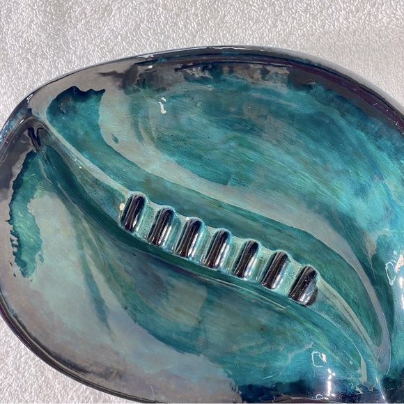 Vintage Handmade Green Black Painted Ceramic Ashtray Trinket Dish Art Decor - Picture 10 of 16